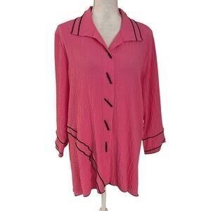Ali Miles Size M Tunic Top Pink Black Lagenlook Button Front Art To Wear